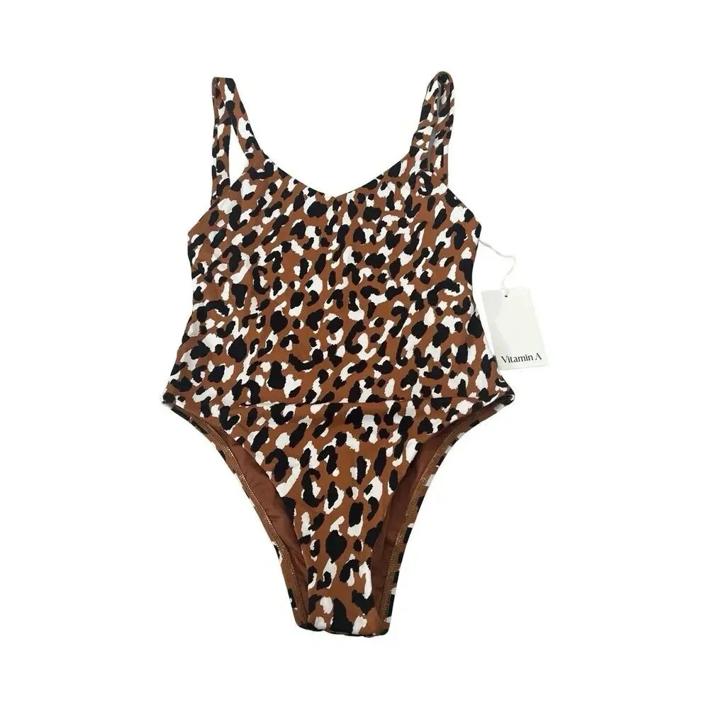 Vitamin A Womens Leopard Print 1pc Swimsuit Bodysuit Brown Black Size 8 NWT